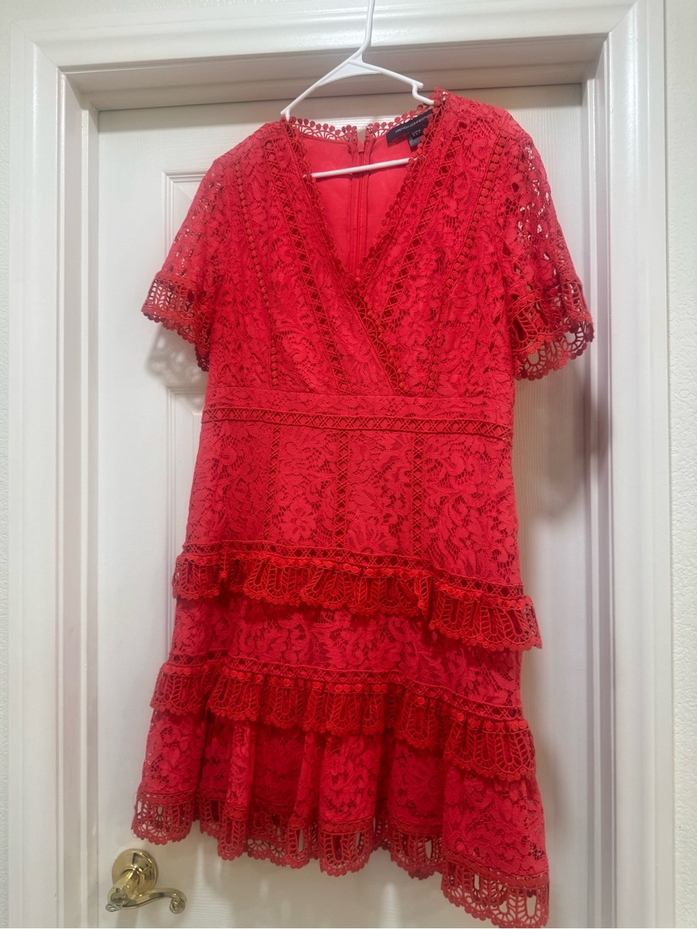 French Connection Red Lace Tiered V-Neck Dress
